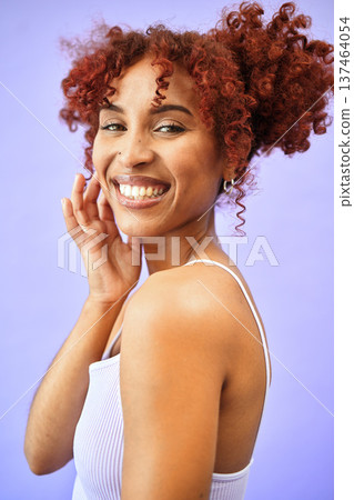 Makeup, face and happy woman with beauty style, aesthetic and hair isolated in a studio purple background. Hairstyle, smile and portrait young person with luxury, care and cosmetic for skincare Makeup, face and happy woman with beauty style, aesthetic and hair isolated in a studio purple background. Hairstyle, smile and portrait young person with luxury, care and cosmetic for skincare 137464054
