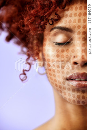 Skincare, technology and a facial recognition for beauty with a woman on a purple background in studio. Face, future and innovation with a young model scanning to render her skin for transformation Skincare, technology and a facial recognition for beauty with a woman on a purple background in studio. Face, future and innovation with a young model scanning to render her skin for transformation 137464059