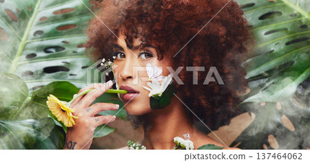 Skincare portrait, flowers and nature woman with eco product, facial makeup and natural cosmetics, beauty or self care. Face design, dermatology and non binary person with creative floral aesthetic Skincare portrait, flowers and nature woman with eco product, facial makeup and natural cosmetics, beauty or self care. Face design, dermatology and non binary person with creative floral aesthetic 137464062