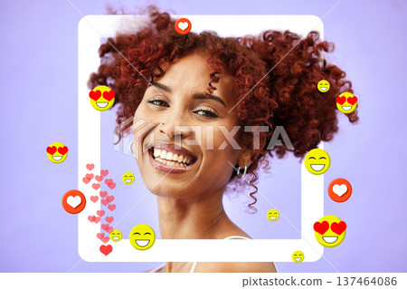 Social media, frame and portrait of woman in post, blog or profile picture of influencer with support of online audience. Happy, face and model in studio background with border or website overlay Social media, frame and portrait of woman in post, blog or profile picture of influencer with support of online audience. Happy, face and model in studio background with border or website overlay 137464086