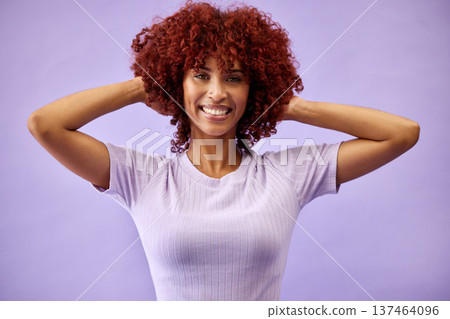 Beauty, portrait and woman with natural hair in studio for cosmetics, fun or self care on purple background. Haircare, smile and face of lady model with red afro, dye and color texture satisfaction 137464096