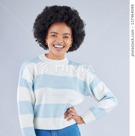 Fashion, gen z and smile with portrait of black woman in studio for education, casual and trendy style. Happy, pride and confidence with person on white background for college, future and student Fashion, gen z and smile with portrait of black woman in studio for education, casual and trendy style. Happy, pride and confidence with person on white background for college, future and student 137464099