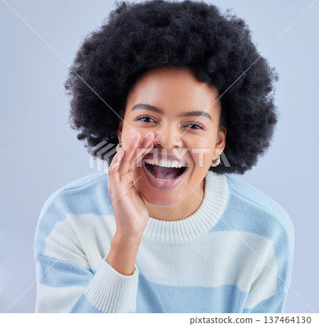 Portrait, announcement and black woman shouting secret in studio isolated on a blue background. Face, smile and person sharing gossip, news or speaking of information for communication of promotion Portrait, announcement and black woman shouting secret in studio isolated on a blue background. Face, smile and person sharing gossip, news or speaking of information for communication of promotion 137464130
