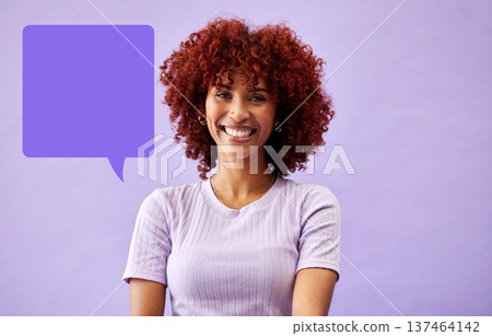 Speech bubble, poster and portrait of woman in studio with social media, news or space on purple background. Communication, mock up and face of female person with forum, faq or banner for promotion Speech bubble, poster and portrait of woman in studio with social media, news or space on purple background. Communication, mock up and face of female person with forum, faq or banner for promotion 137464142