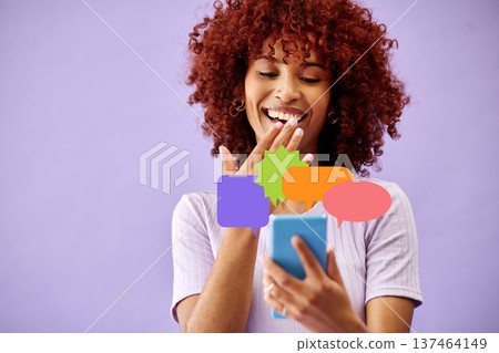 Phone, smile and woman on social media speech bubble in studio isolated on a purple background mockup space. Smartphone, communication and happy person on chat, feedback and voice notification online Phone, smile and woman on social media speech bubble in studio isolated on a purple background mockup space. Smartphone, communication and happy person on chat, feedback and voice notification online 137464149