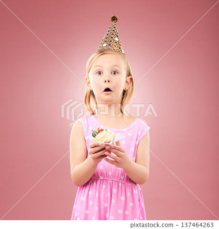 Portrait, surprise and kid with cupcake at birthday in studio isolated on a pink background mockup space. Face, wow of child and cake at party in hat at celebration, food event and shocked at dessert Portrait, surprise and kid with cupcake at birthday in studio isolated on a pink background mockup space. Face, wow of child and cake at party in hat at celebration, food event and shocked at dessert 137464263
