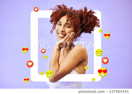 Social media, portrait and woman in a frame for a blog, post or profile picture of influencer with support of online following. Happy, face or model in studio background and border or website overlay Social media, portrait and woman in a frame for a blog, post or profile picture of influencer with support of online following. Happy, face or model in studio background and border or website overlay 137464341