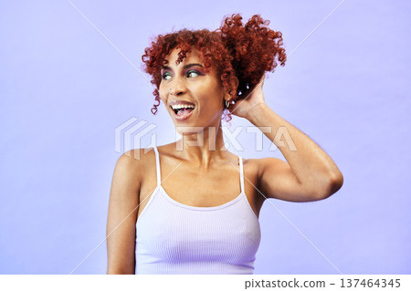 Woman, red hair and beauty with smile in a studio, curls and dermatology with makeup isolated on purple background. Haircare, cosmetic care and curly hairstyle with model from Brazil and treatment Woman, red hair and beauty with smile in a studio, curls and dermatology with makeup isolated on purple background. Haircare, cosmetic care and curly hairstyle with model from Brazil and treatment 137464345