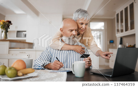 Home, credit card and senior couple with a laptop, connection or budget planning with retirement, investment or online payment. Love, old man or elderly woman embrace, pc or pension fund with network 137464359
