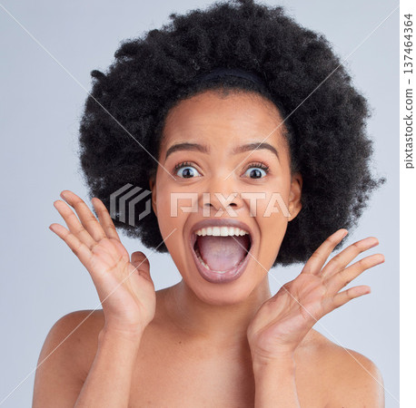 Surprise, skincare and portrait of woman in a studio for cosmetic, glamour and face routine. Shock, happy and African female model with hair treatment for afro and makeup isolated by white background Surprise, skincare and portrait of woman in a studio for cosmetic, glamour and face routine. Shock, happy and African female model with hair treatment for afro and makeup isolated by white background 137464364