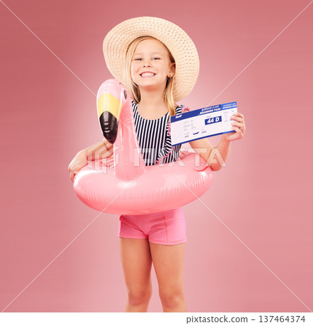 Travel, portrait and girl child with passport in studio for summer vacation or holiday on pink background. Face, ticket or kid with boarding pass, flight or traveling documents for airport compliance 137464374