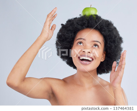 Apple, balance and black woman with health, organic and diet for wellness and healthy in studio. Excited, smile and happy model with green fruit, skin nutrition and vegan food with grey background Apple, balance and black woman with health, organic and diet for wellness and healthy in studio. Excited, smile and happy model with green fruit, skin nutrition and vegan food with grey background 137464381