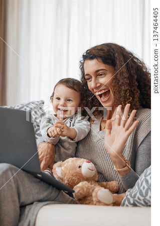 Happy, baby or mother laptop video call in house or home living room in conversation or communication. Smile, wave hello or excited mom with child speaking or talking on technology or social network 137464405