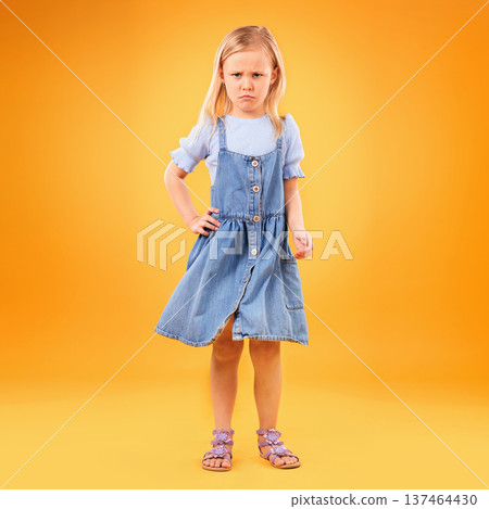 Sad, portrait and girl child in studio with bad news, feedback or negative review on orange background. Face, frown and kid with emoji disappointed expression, angry or tantrum, reaction or behavior 137464430