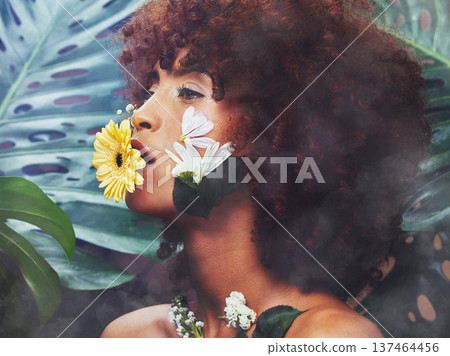 Skincare face, flowers and nature woman with eco friendly product, organic makeup or natural cosmetics. Art, sustainable dermatology and beauty model profile with plants, leaves and floral aesthetic Skincare face, flowers and nature woman with eco friendly product, organic makeup or natural cosmetics. Art, sustainable dermatology and beauty model profile with plants, leaves and floral aesthetic 137464456