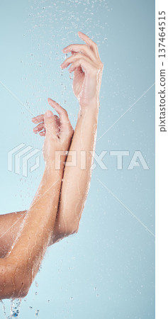 Water drops, hands and person closeup with cleaning, shower and morning dermatology in studio. Blue background, arm and splash for wellness, washing and skin glow with self care and hygiene safety 137464515