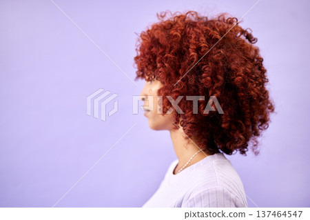 Hair, profile and woman in studio for natural beauty, cosmetic or wellness on purple background. Haircare, side and lady model posing with red afro growth, texture or dye satisfaction and results Hair, profile and woman in studio for natural beauty, cosmetic or wellness on purple background. Haircare, side and lady model posing with red afro growth, texture or dye satisfaction and results 137464547