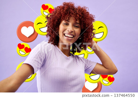 Selfie of woman influencer, social media and emoji in studio to like, subscribe and review online. Photography, content creation and girl on purple background with notification icon on live stream. Selfie of woman influencer, social media and emoji in studio to like, subscribe and review online. Photography, content creation and girl on purple background with notification icon on live stream. 137464550