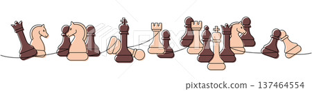 Continuous linear design of chess pieces arranged in dynamic rows, minimal outline art showing strategic elegance Continuous linear design of chess pieces arranged in dynamic rows, minimal outline art showing strategic elegance 137464554