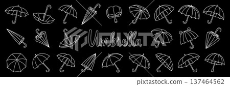White outline umbrella collection on black background, seamless vector pattern of open and folded umbrellas for modern decor White outline umbrella collection on black background, seamless vector pattern of open and folded umbrellas for modern decor 137464562