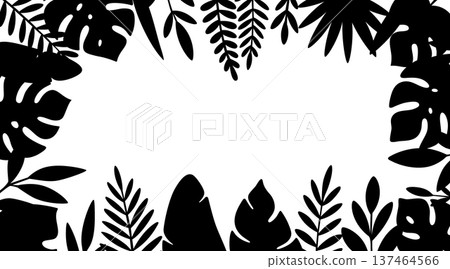 Black silhouette leaves. Tropical frame with monstera, palm, and exotic foliage for botanical vector decorative designs 137464566