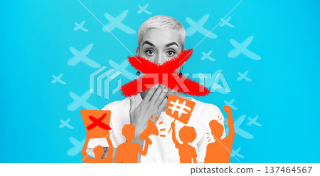 Cancel culture, woman and protest sign on mouth with silhouette figures for bullying, violence and solidarity with mockup space. Silence, person and words on lips with support for justice and power Cancel culture, woman and protest sign on mouth with silhouette figures for bullying, violence and solidarity with mockup space. Silence, person and words on lips with support for justice and power 137464567