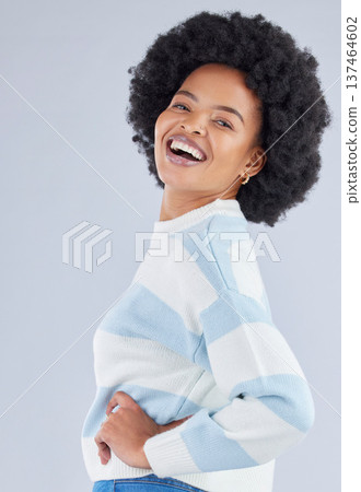 Fashion, student and happy with portrait of black woman in studio for education, casual and trendy style. Happy, pride and confidence with person on white background for college, future and gen z Fashion, student and happy with portrait of black woman in studio for education, casual and trendy style. Happy, pride and confidence with person on white background for college, future and gen z 137464602