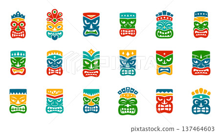 Tribal tiki masks. Polynesian style vector design for tattoos, festival art, tropical decor and cultural illustrations Tribal tiki masks. Polynesian style vector design for tattoos, festival art, tropical decor and cultural illustrations 137464603