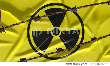 Radioactive Hazard Sign Behind Rusty Barbed Wire Fence 3d render. 137464633