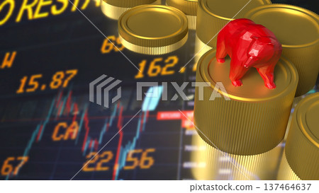 Red Bear On Gold Coins Stock Market Downtrend Concept 3d render. Red Bear On Gold Coins Stock Market Downtrend Concept 3d render. 137464637