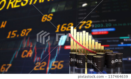 Oil Price Decline Chart With Barrels Energy Market Concept 3d render. Oil Price Decline Chart With Barrels Energy Market Concept 3d render. 137464639