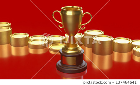 Golden Trophy With Stacked Coins Financial Success And Investment Victory Concept 3d render. Golden Trophy With Stacked Coins Financial Success And Investment Victory Concept 3d render. 137464641