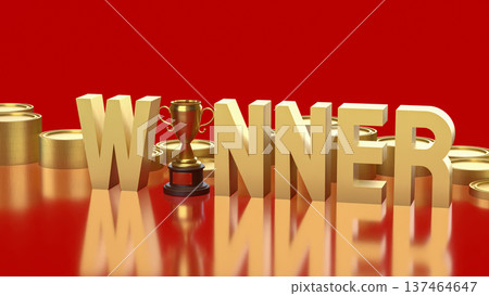 Golden Winner Text With Trophy And Coins Success Concept 3d render. Golden Winner Text With Trophy And Coins Success Concept 3d render. 137464647