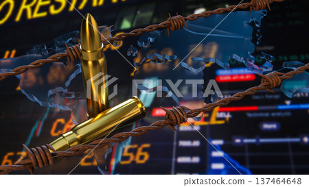 Global Conflict And Economic Crisis Concept With Bullets And World Map 3d render. 137464648