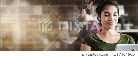 Business, banner and woman with a tablet, connection or online reading with digital apps, overlay or email notification. Person, consultant or worker with tech, research for a project or website info Business, banner and woman with a tablet, connection or online reading with digital apps, overlay or email notification. Person, consultant or worker with tech, research for a project or website info 137464660