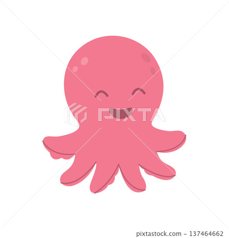 Smiling pink cartoon octopus with cheerful face. Adorable sea creature character in happy mood, perfect for kids and underwater themes. Smiling pink cartoon octopus with cheerful face. Adorable sea creature character in happy mood, perfect for kids and underwater themes. 137464662