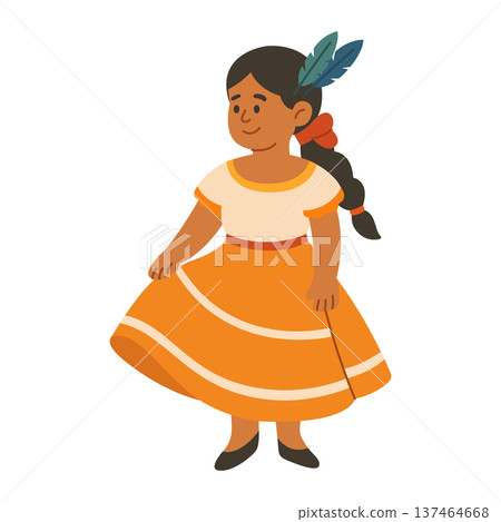Young girl in traditional Mexican dress with feathers. Flat cartoon vector for cultural and folk dance themes 137464668