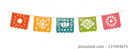 Colorful papel picado banner with five festive flags. Flat vector decoration for Mexican holidays and celebrations 137464673