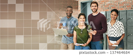 Portrait, startup and business people in a meeting, overlay and cooperation with a laptop, diversity and brainstorming. Staff, connection and group with a pc, collaboration and banner with teamwork 137464684
