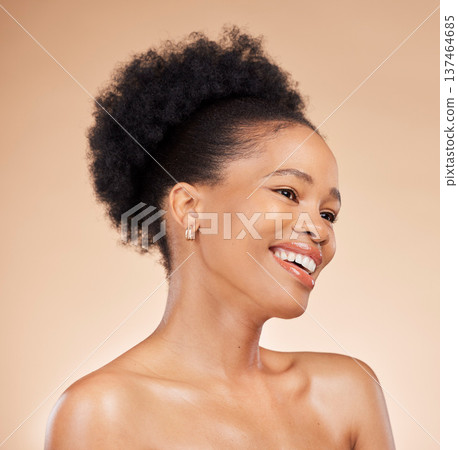 Thinking, skincare and beauty of black woman, happy and isolated on a brown background in studio. Smile, natural cosmetics and African model in spa facial treatment for aesthetic, wellness and health Thinking, skincare and beauty of black woman, happy and isolated on a brown background in studio. Smile, natural cosmetics and African model in spa facial treatment for aesthetic, wellness and health 137464685