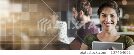 Business, banner and woman with a tablet, portrait and mockup space with website information, search internet and digital startup. Person, copywriting and employee with technology and social media Business, banner and woman with a tablet, portrait and mockup space with website information, search internet and digital startup. Person, copywriting and employee with technology and social media 137464691