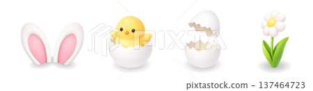 Bunny ears, hatching chick, cracked egg and daisy. Cute 3D Easter vector illustration set Bunny ears, hatching chick, cracked egg and daisy. Cute 3D Easter vector illustration set 137464723