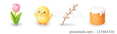Tulip, chick, willow branch and Easter cake. 3D spring vector illustration 137464728