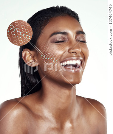 Happy, pores and a woman for skincare evaluation, acne search or cosmetic exam on a white background. Smile, laughing and face of an Indian girl with closeup to wrinkles or process of treatment 137464749