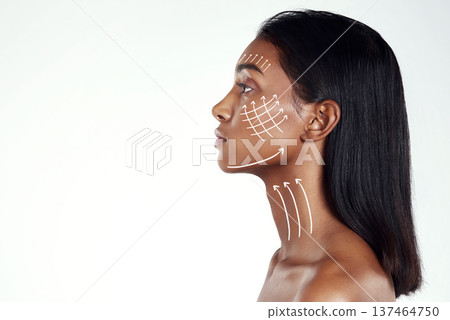 Face profile, plastic surgery lines and woman for beauty filler, cosmetics treatment or facial skincare collagen. Mockup advertising space, arrow and aesthetic studio person on white background 137464750