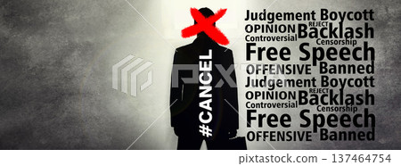 Cancel culture, man or boycott with censor to silence opinion, stop protest or shaming. Abstract, silhouette or text overlay for censorship, judgement and social media backlash or mockup banner space Cancel culture, man or boycott with censor to silence opinion, stop protest or shaming. Abstract, silhouette or text overlay for censorship, judgement and social media backlash or mockup banner space 137464754