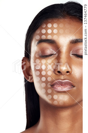 Beauty, 3D face scan and a woman in studio isolated on white background for transformation. Skincare, hologram and facial recognition with a model using technology for makeup automation or innovation Beauty, 3D face scan and a woman in studio isolated on white background for transformation. Skincare, hologram and facial recognition with a model using technology for makeup automation or innovation 137464779