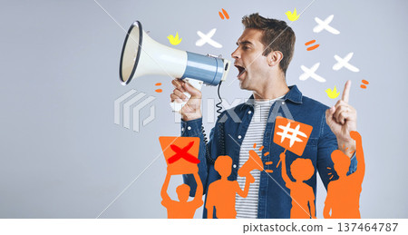 Megaphone, protest or man shouting in studio on white background for freedom or change. Comic overlay, news announcement or angry person screaming with loudspeaker for human rights speech or justice Megaphone, protest or man shouting in studio on white background for freedom or change. Comic overlay, news announcement or angry person screaming with loudspeaker for human rights speech or justice 137464787
