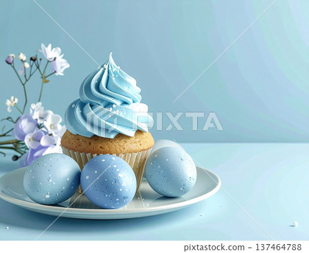 Modern aesthetics. Easter sweet cupcake and eggs in ceramic plate. Stylish purple design. Modern aesthetics. Easter sweet cupcake and eggs in ceramic plate. Stylish purple design. 137464788