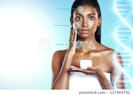 Portrait, skincare and cream jar of woman in studio isolated on blue background mockup space. Face, serious model and lotion container, natural cosmetic or hydration for beauty, health or dna overlay Portrait, skincare and cream jar of woman in studio isolated on blue background mockup space. Face, serious model and lotion container, natural cosmetic or hydration for beauty, health or dna overlay 137464792